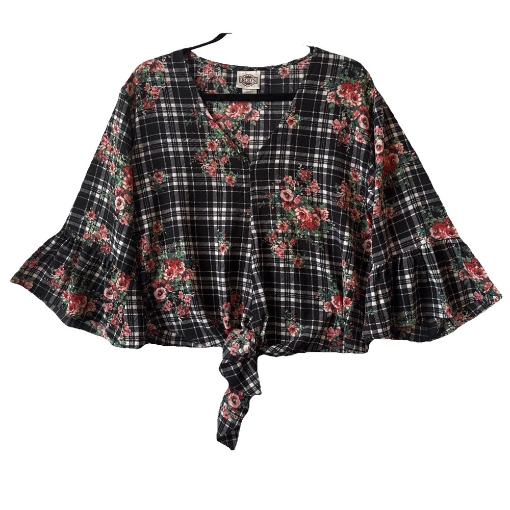 Rods Floral Plaid Tie Front Bell Sleeve Relaxed Crop Blouse M Boho Chic Cottage